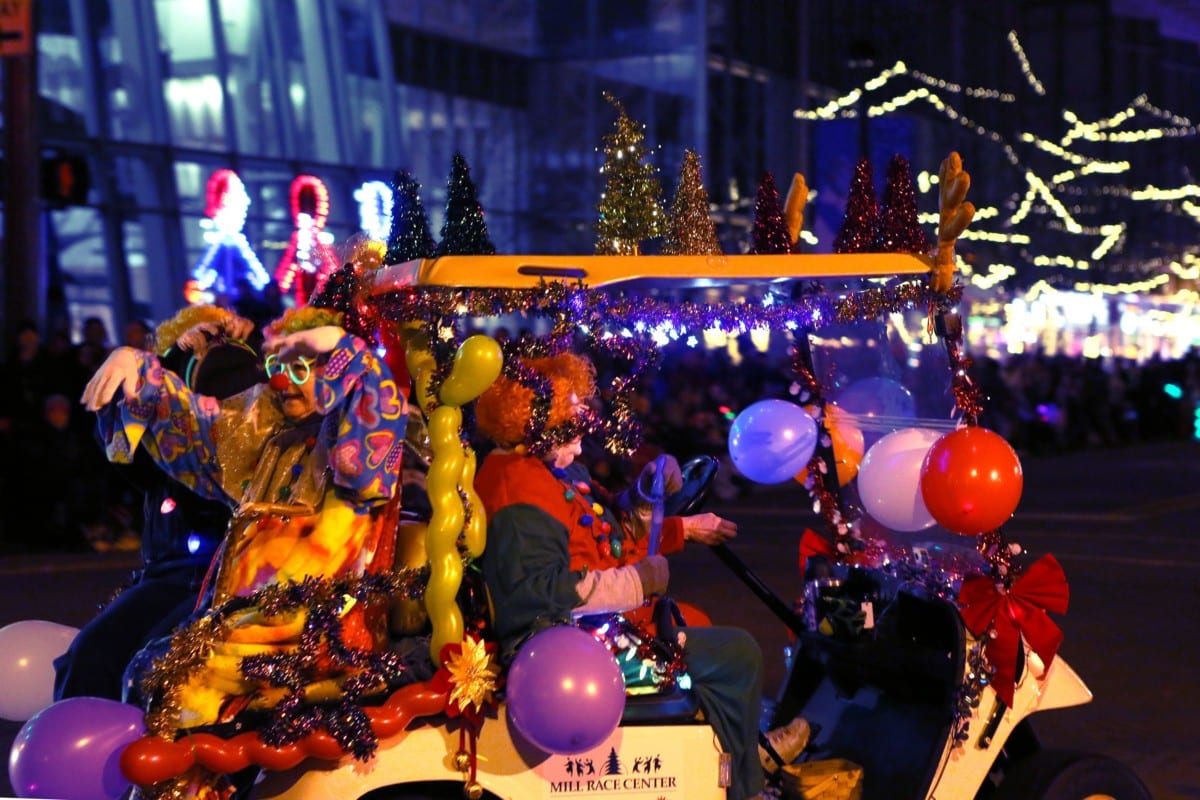 The Mill Race Center clowns during the Festival of Lights parade, Saturday, December 7, 2019. Carla Clark | For The Republic