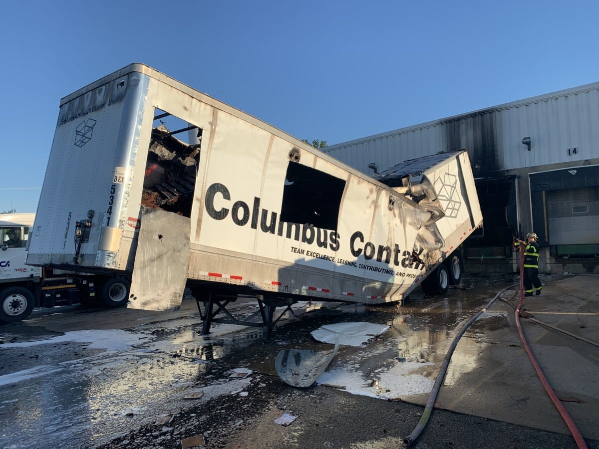 The Columbus Container trailer damaged by fire Wednesday night. Photo provided by the Columbus Fire Department.