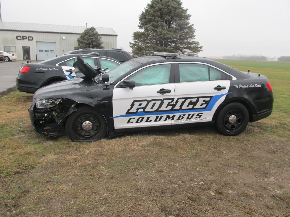 The Columbus Police patrol vehicle that was damaged in the Jan. 23 incident.