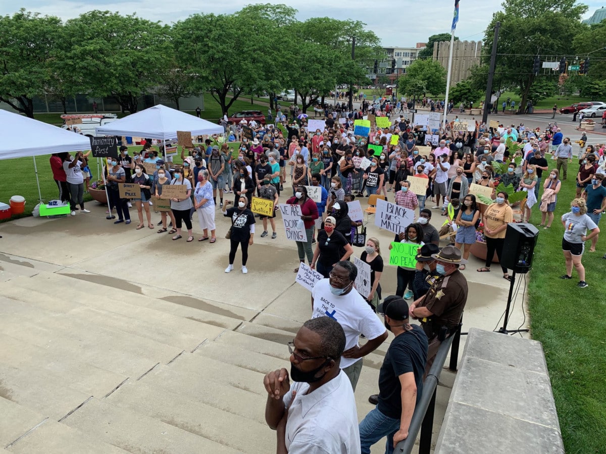 Another view from the Columbus City Hall steps as the rally begins. Photo by Mike Wolanin | The Republic