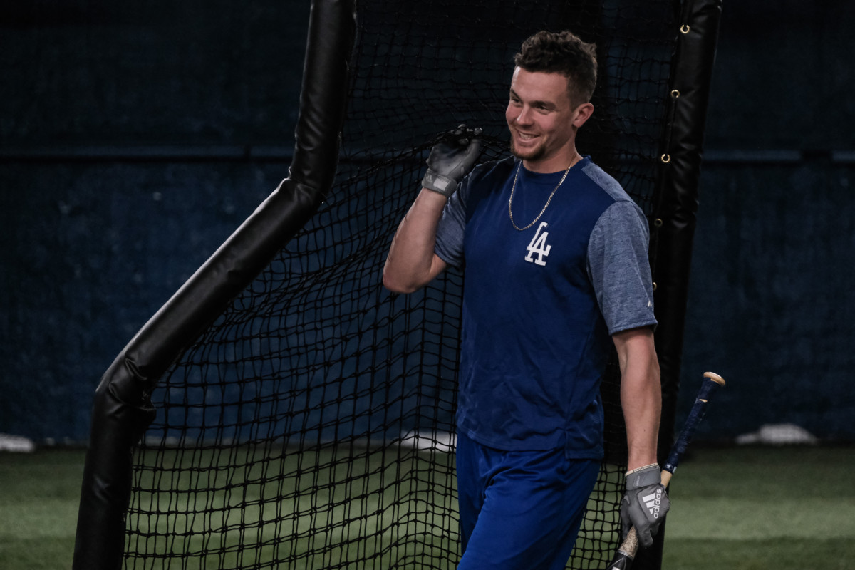 Former Columbus North baseball player Devin Mann sets up a pitcher's screen before getting in some batting practice at HIT Baseball in Columbus, Ind., Friday, Jan. 22, 2021. He has been bouncing around the Dodgers' minor league system since being selected by the team in the fifth-round of the 2018 draft. Mike Wolanin | The Republic