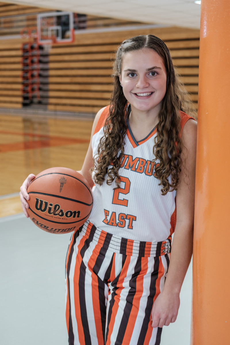 Columbus East junior Koryn Greiwe is The Republic Girls Basketball Player of the Year. She is pictured in the gymnasium at Columbus East High School in Columbus, Ind., Friday, Feb. 19, 2021. This is her third consecutive year as girls basketball player of the year. Mike Wolanin | The Republic