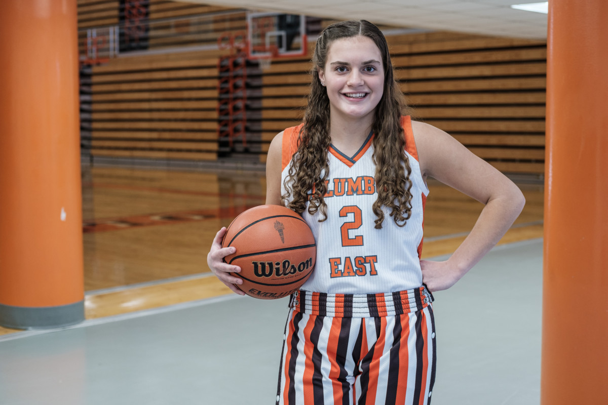 Columbus East junior Koryn Greiwe is The Republic Girls Basketball Player of the Year. She is pictured in the gymnasium at Columbus East High School in Columbus, Ind., Friday, Feb. 19, 2021. This is her third consecutive year as girls basketball player of the year. Mike Wolanin | The Republic