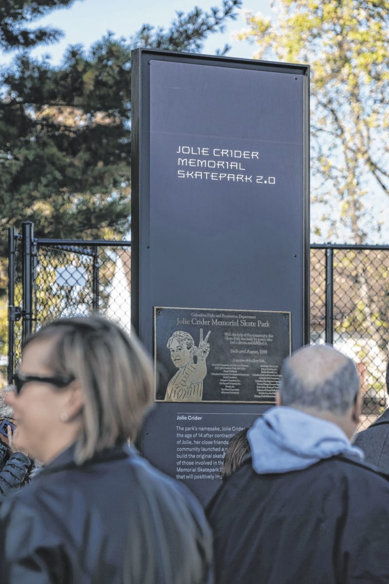 A sign memorializing Jolie Crider is on display at the Jolie Crider Memorial Skatepark 2.0 in Columbus, Ind., Friday, Nov. 1, 2019. Columbus City officials and members of the skatepark committee held a ribbon cutting ceremony to officially open the redesigned and remodeled park. The original skatepark was built in 1999. Mike Wolanin | The Republic