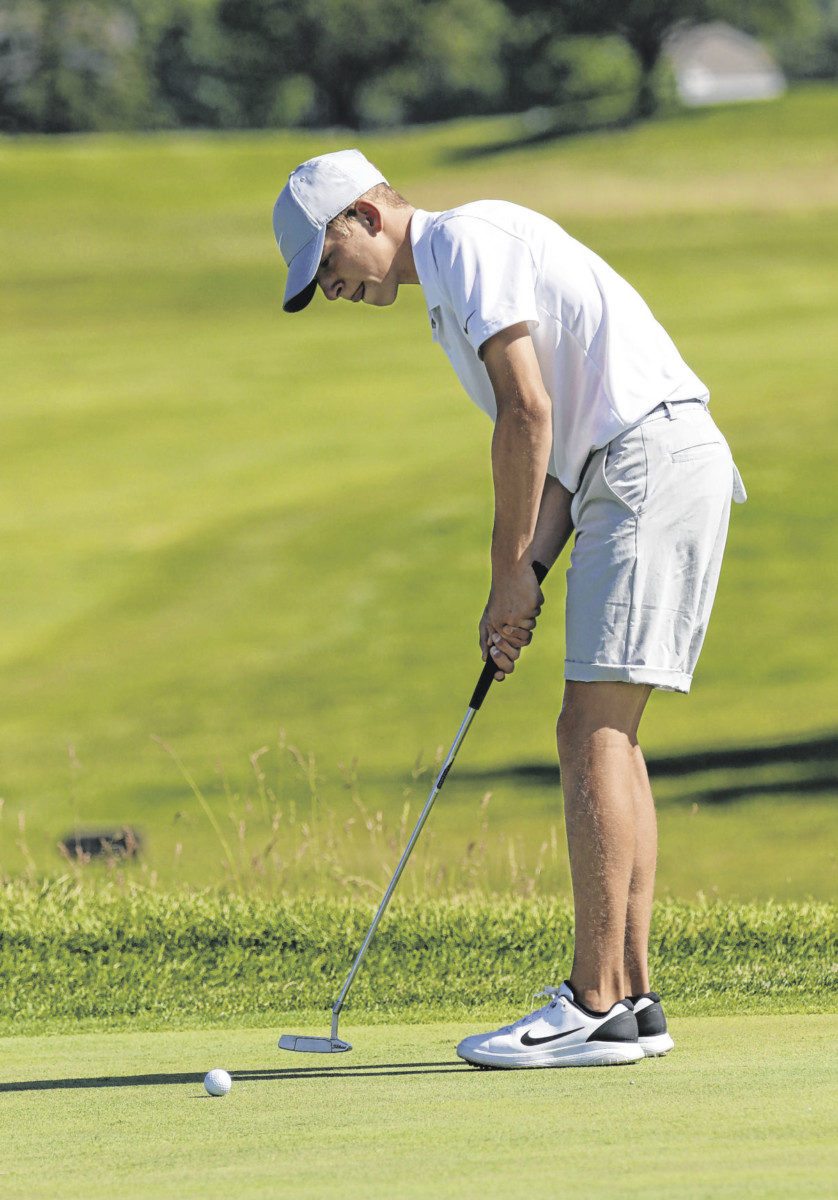 Harrison Lakers’ Luke Schneider of Columbus North putts on No. 2 during the Indiana Golf Association 2020 Team Event qualifier at The Legends Golf Club in Franklin, Monday, June 8, 2020. Paige Grider for The Republic