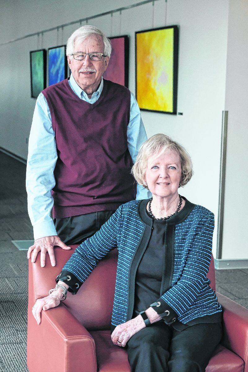 Tom and Barbara Schoellkopf pose for a portrait in the library at the Columbus Learning Center in Columbus, Ind., Friday, April 5, 2019. A new mental health clinic and training center at IUPUC will be named after the Schoellkopfs. The clinic is scheduled to open in the spring of 2020. Mike Wolanin | The Republic Mike Wolanin | The Republic