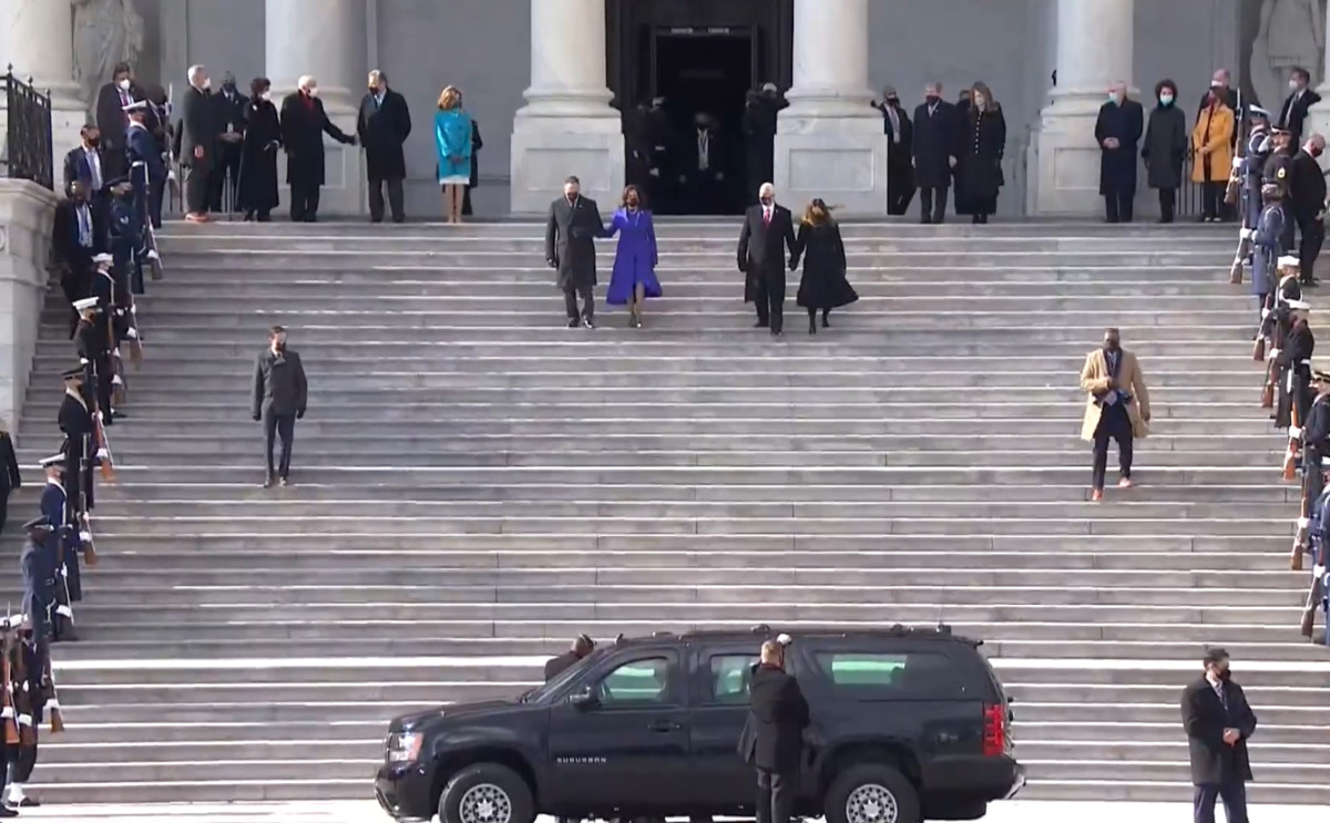 Vice President Kamala Harris and her husband escort the Pences to their vehicle for departure from The Capitol this morning. Photo by The Associated Press